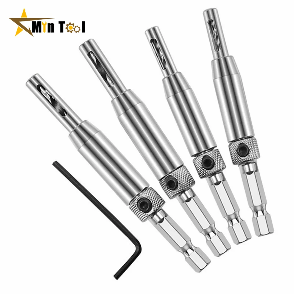 4pcs Self Centering Hinge Drill Bits Set Door Cabinet Pilot Holes HSS Hex Recess Hand Tool