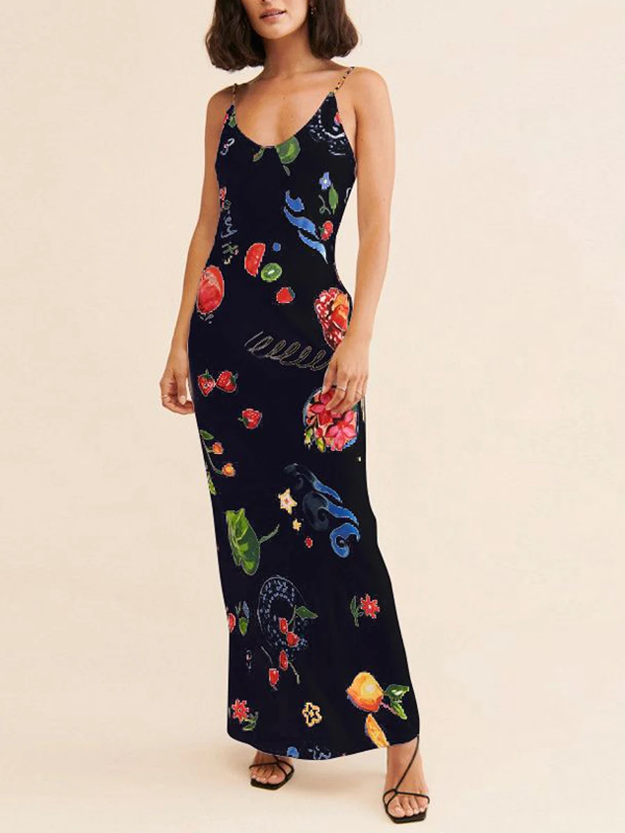 Women Sleeveless Maxi Dress Backless Bodycon Floral Fruit Print Spaghetti Strap Long Dress Summer Dresses