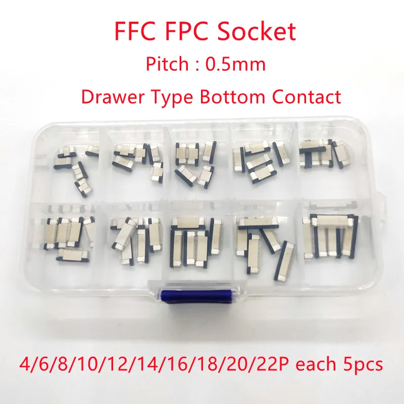 50pcs/boxed FFC FPC connector 0.5mm Pitch Drawer Type Bottom Contact Flat Cable Socket 4/6/8/10/12/14/16/18/20/22 Pin Kits