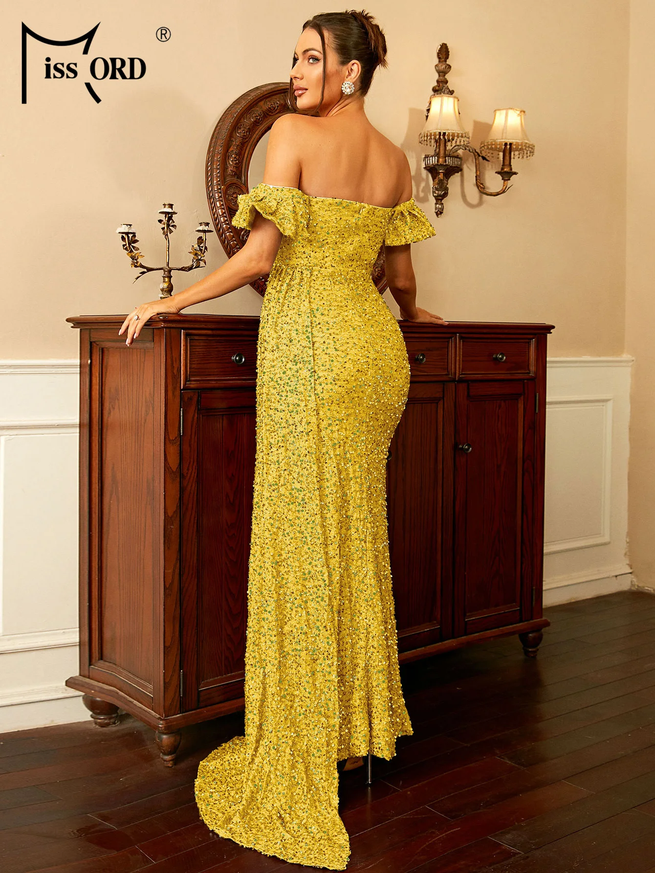 Missord Yellow Sequin Evening Dress Elegant Women Off Shoulder Ruffles Thigh Split Draped Wedding Party Prom Dresses Long Gown