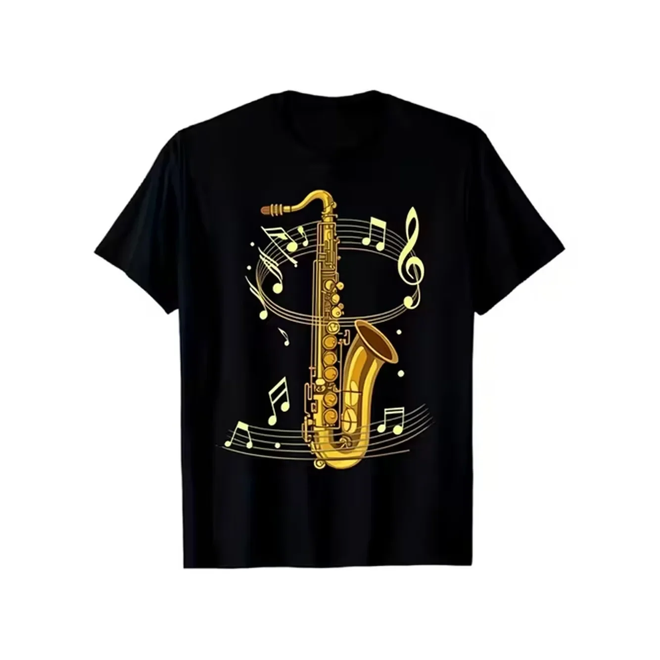 Black Short Sleeved Round Neck T Shirt With Gold Saxophone And Note Print Mens Daily Casual Music Theme Pattern Top Suitable For Elastic And Comfortable For 2025 Mens Gift For Father Husband Family Lightweight Round Neck Design Suitable For Daily