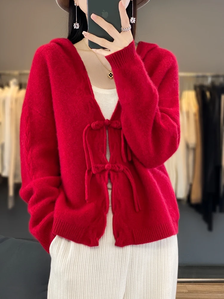 

Women Chinese Style Button Hooded Cardigan Autumn Winter Cashmere Sweater 100% Merino Wool Knitwear Soft Raglan Sleeve New Tops