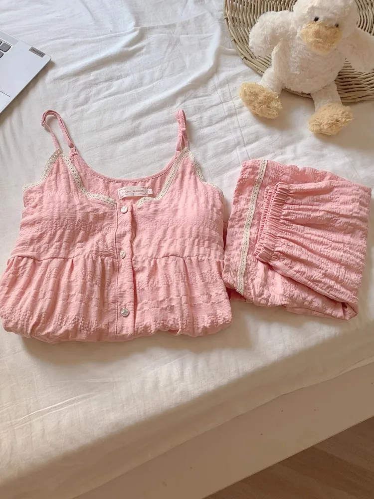 

100% Cotton Women's Pajama Set Solid Color Woman 2 Pieces Spaghetti Strap Sleepwear Women With Chest Pad Nightwear Loungewear