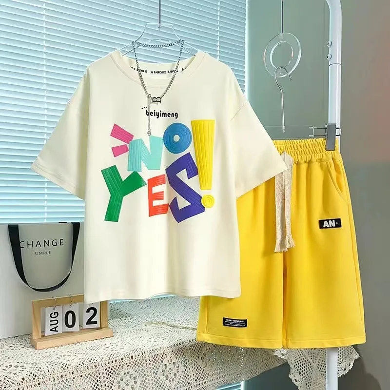 Summer Boys Alphabet Patchwork T-Shirt Tops+Shorts Contrast Workout Sets School Kids 2PCS Tracksuit Child Jogging Outfit 5-16 Yr