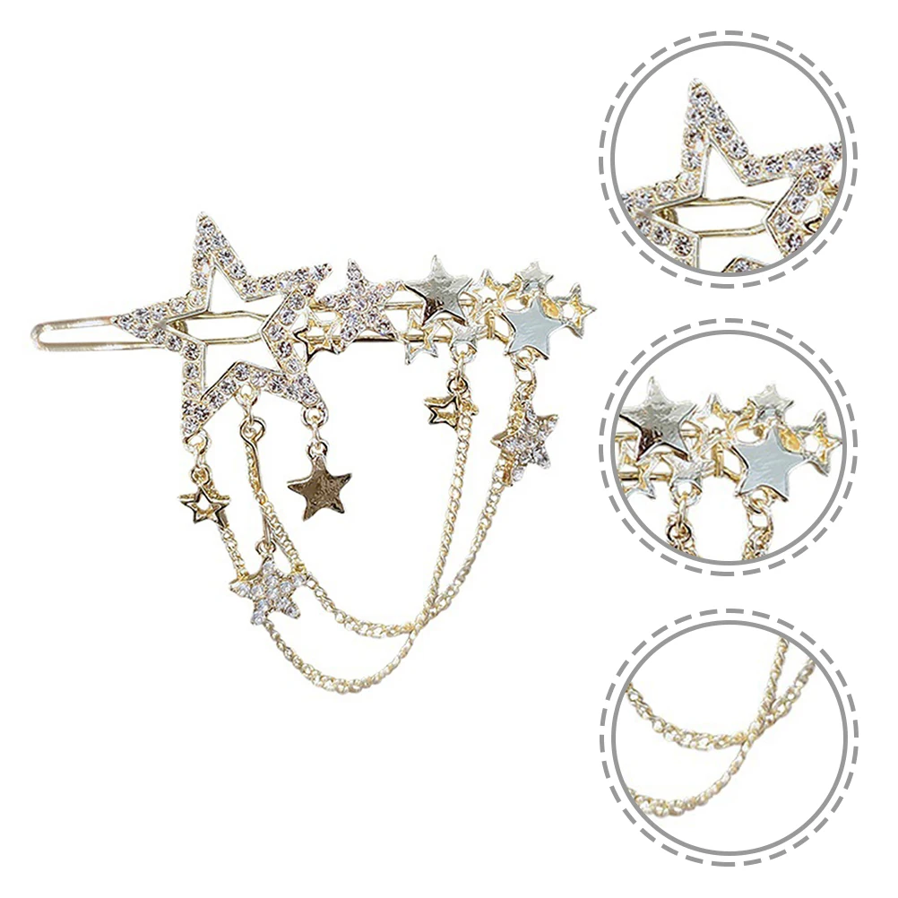 

2Pcs Stars Hair Clip Rhinestone Tassel Barrettes Durable Material Women Girls Headdress Bright Luster Excellent Texture