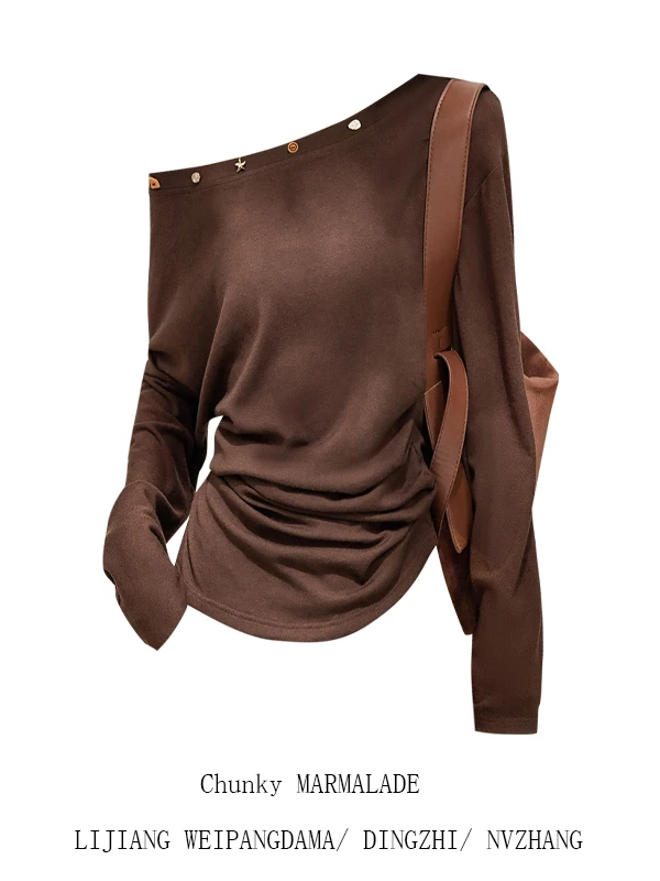 

Женская футболка больших размеров в американском ретро-стиле с открытыми плечами, свободного кроя, с длинным рукавом, осенняя, повседневная, с эффектом стройности, топ для женщин