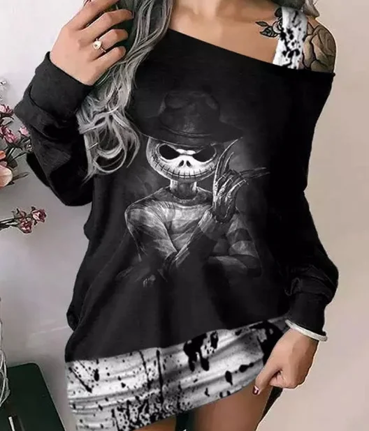 Women's Hoodie Top Casual Fashion Basic 2024 Autumn/Winter Halloween Contrasting Printed Off Shoulder Wrapped Long Sleeve Top