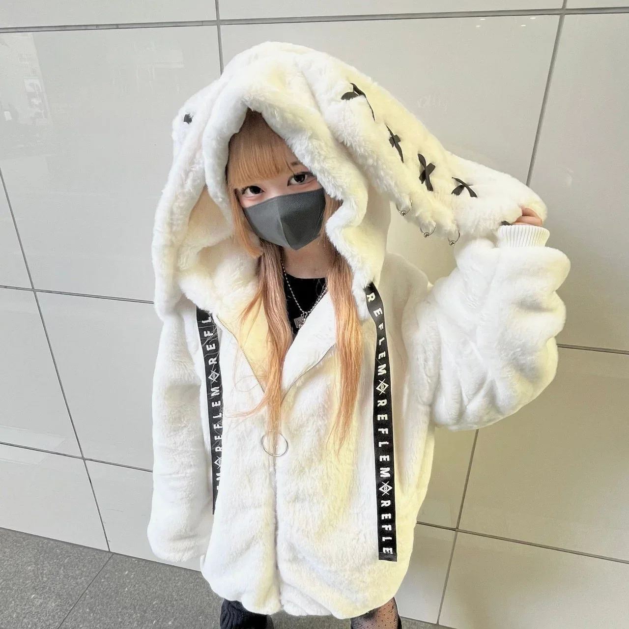 Subculture Harajuku Mines Long Rabbit Ear Faux Fur Coat Winter New Japanese Style Sweet Long Sleeve Plush Hooded Jacket Female