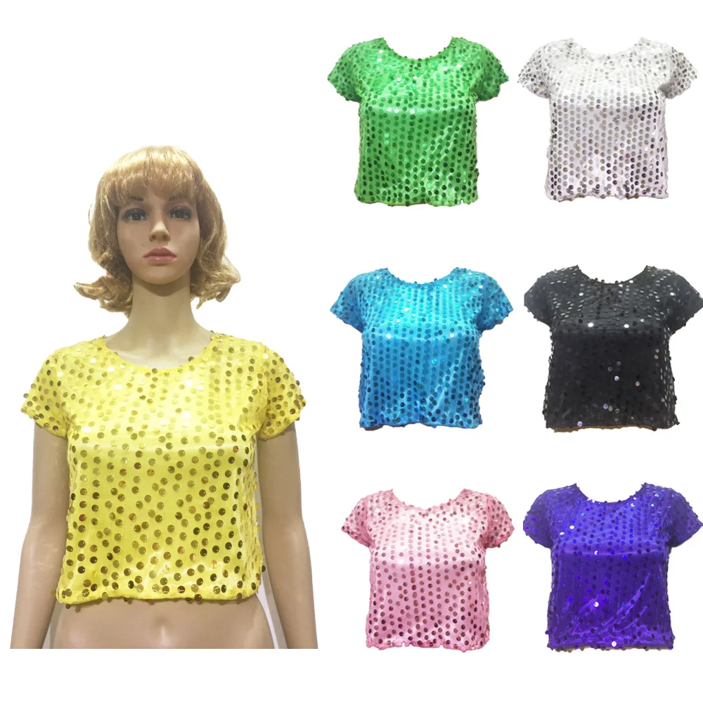 

Fashion Sexy Women Performance Crop Top Jazz Modern Dancing Sequin-T-shirt Short-sleeved T-shirt Streetwear Party Glitter Disco