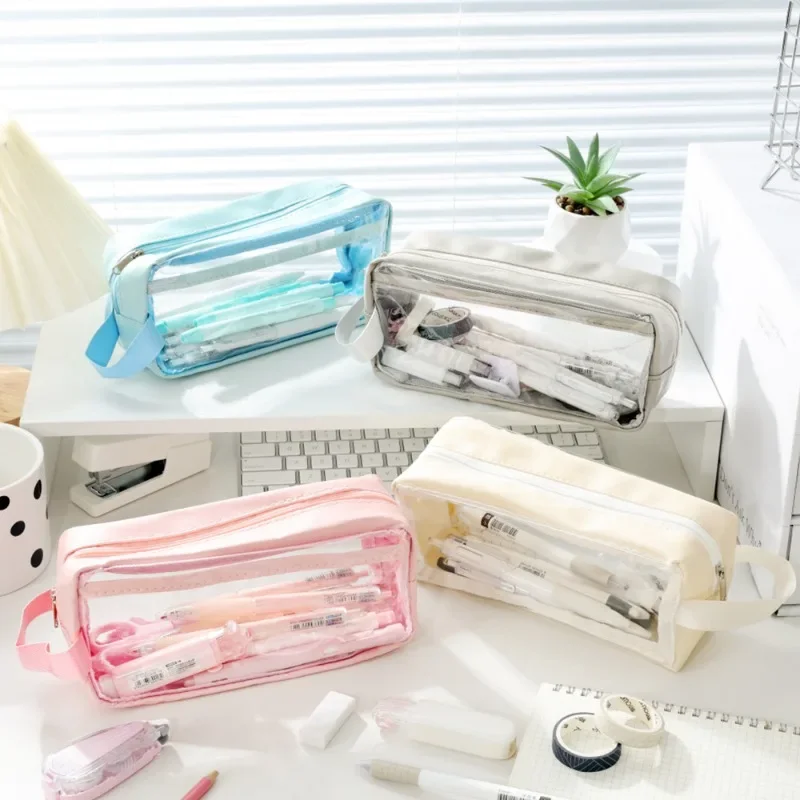 1 Piece Chic Simplicity Pencil Case for Student Solid Color Transparent Pencil Pouch High Capacity Waterproof Stationery Bag