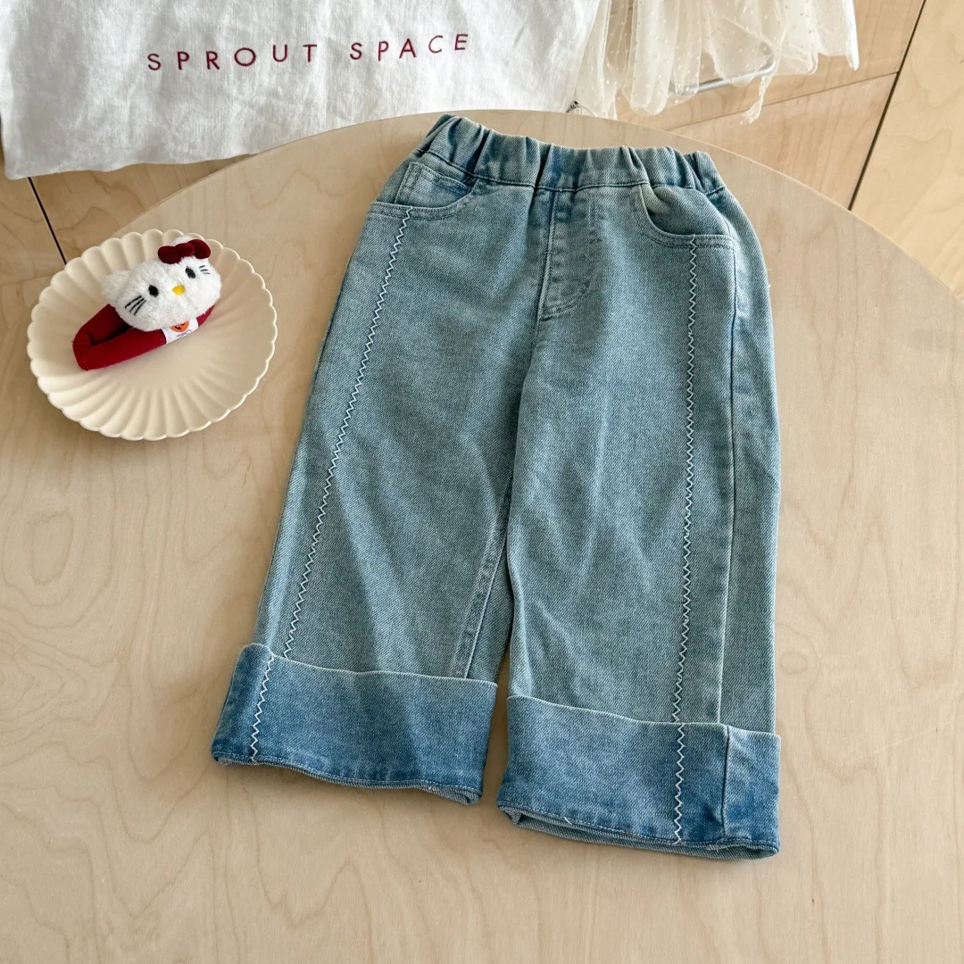 

Baby Girls Pants Autumn Retro Simple Solid Color Toddler Girls Wide Leg Pants Elastic Waist Soft Kids Baby Girls Denim Pants