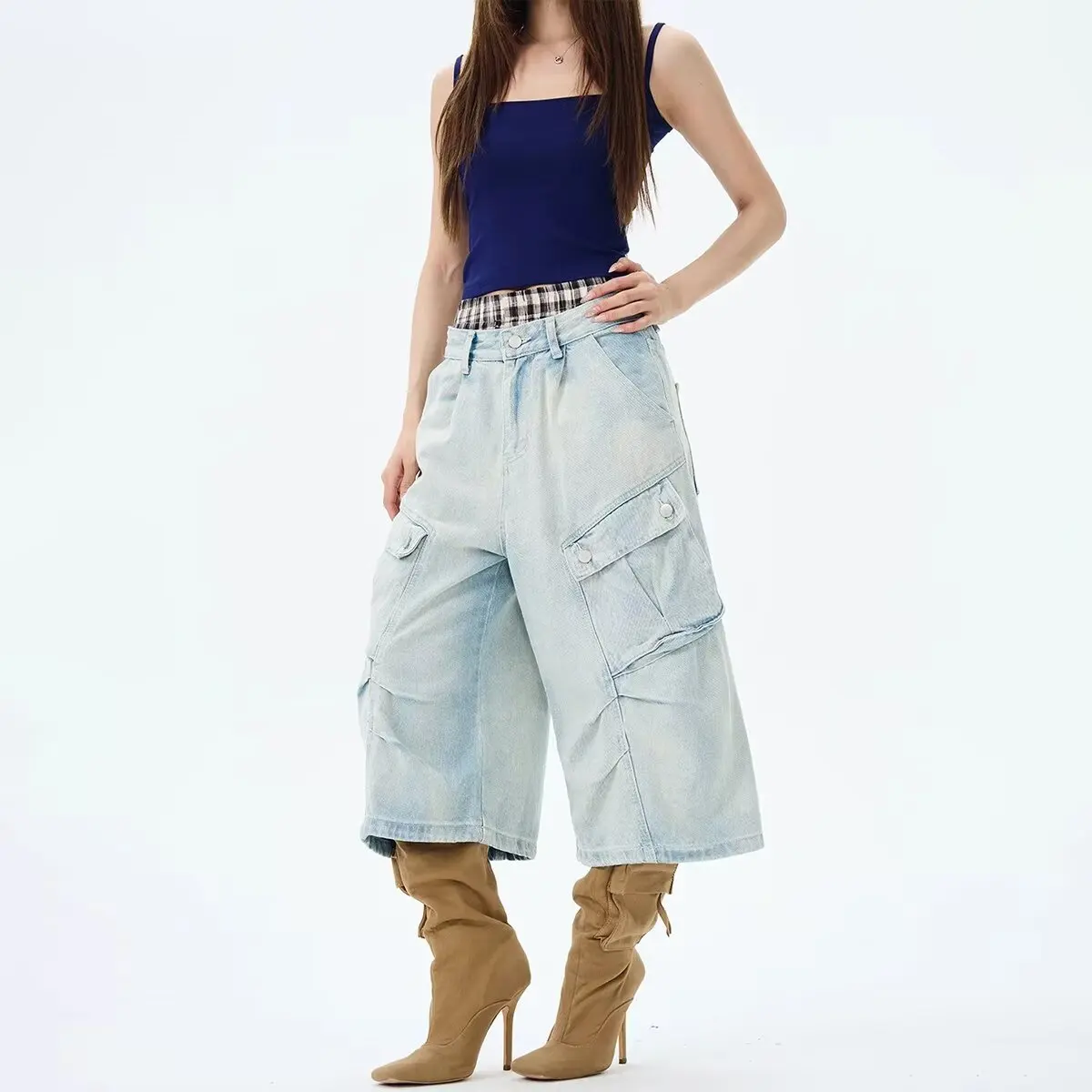 

Женская одежда больших размеров, джинсовые шорты с несколькими карманами в американском стиле, летние универсальные джинсы большого размера для женщин, свободные брюки Y2k