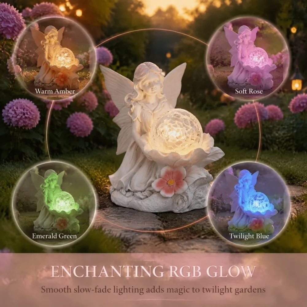 Solar Powered Resin Statue Premium Resin Soft Light Angel Figurine Lovely Sturdy Flower Fairy Decorative Lamp Patio Landscape