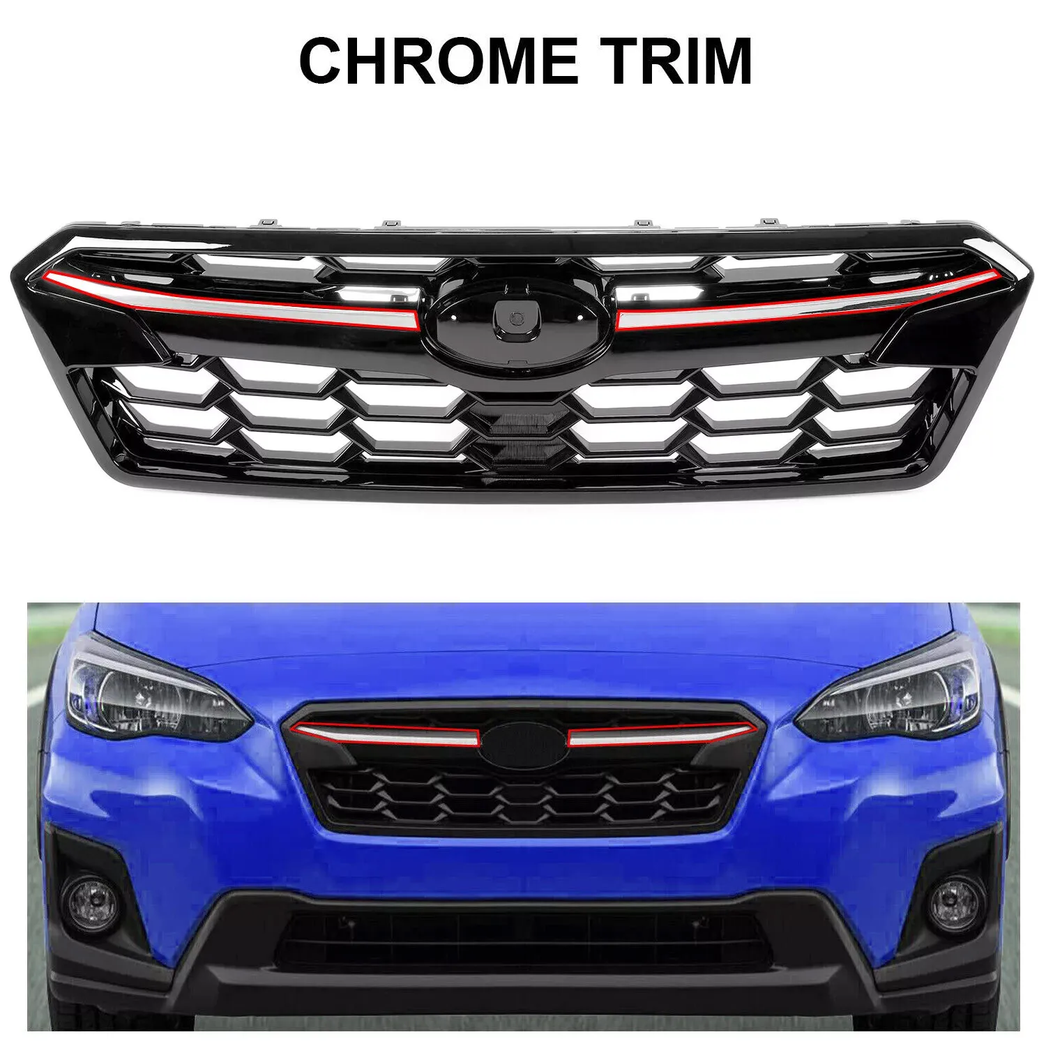 

Black Front Upper Grille w/ Chrome Molding Trim For Subaru Crosstrek 2018-2020
