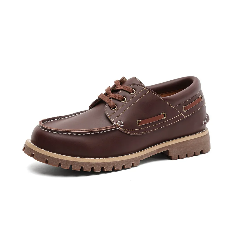 New Men's Vintage Second-layer Cowhide Boat Shoes Genuine Leather Derby Shoes Round Toe Low Top Boots British Style Work Shoes