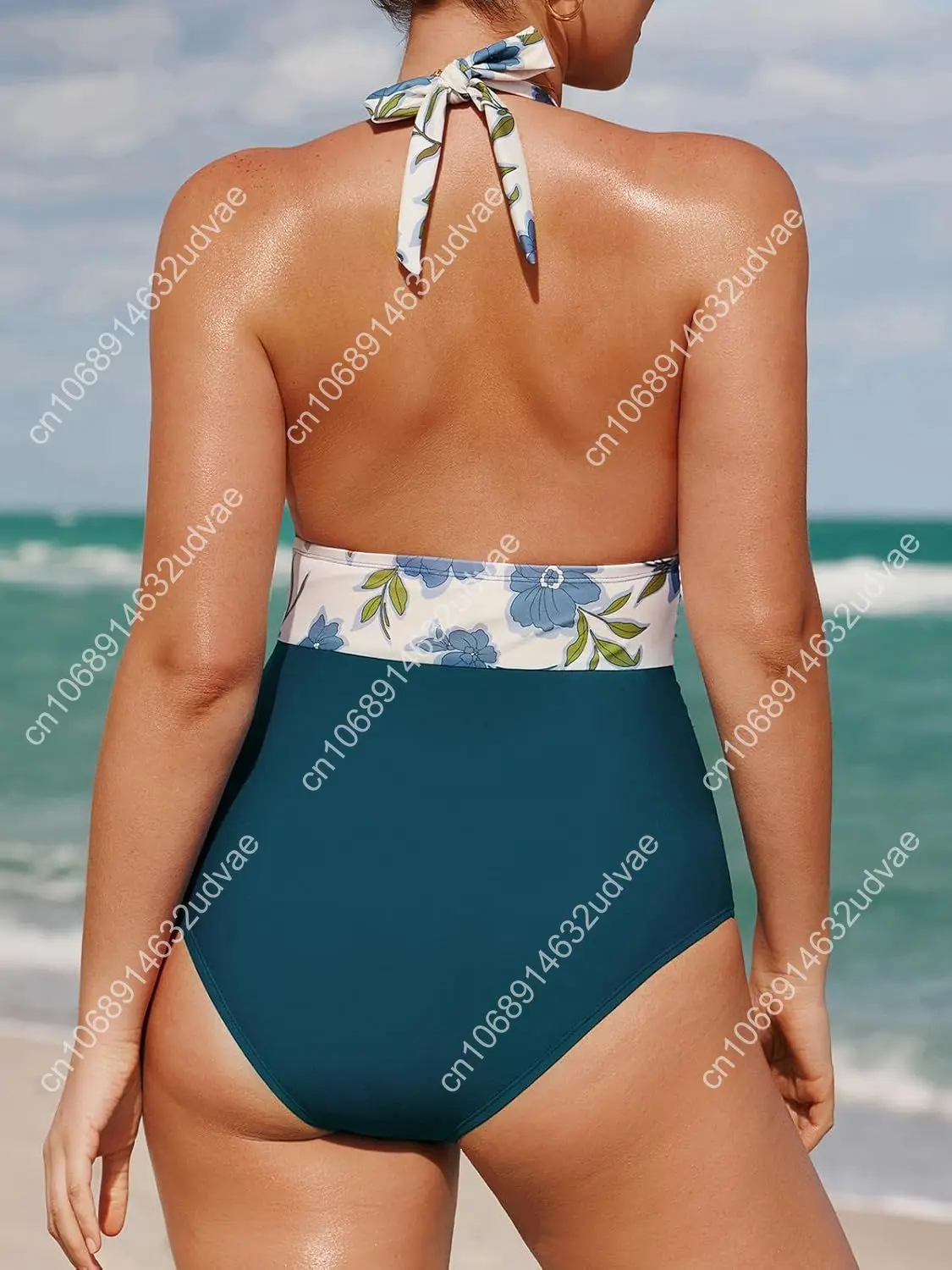 Women V Neck One Piece Swimsuit Halter Backless Ruched Tummy Control Bathing Suit