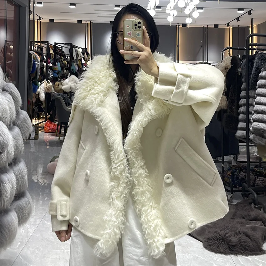 JANEFUR Women Wool Coat Curly Wool Trim Double Breasted Buckle Cuffs Winter Wool Luxury Outerwear JFB4-26057