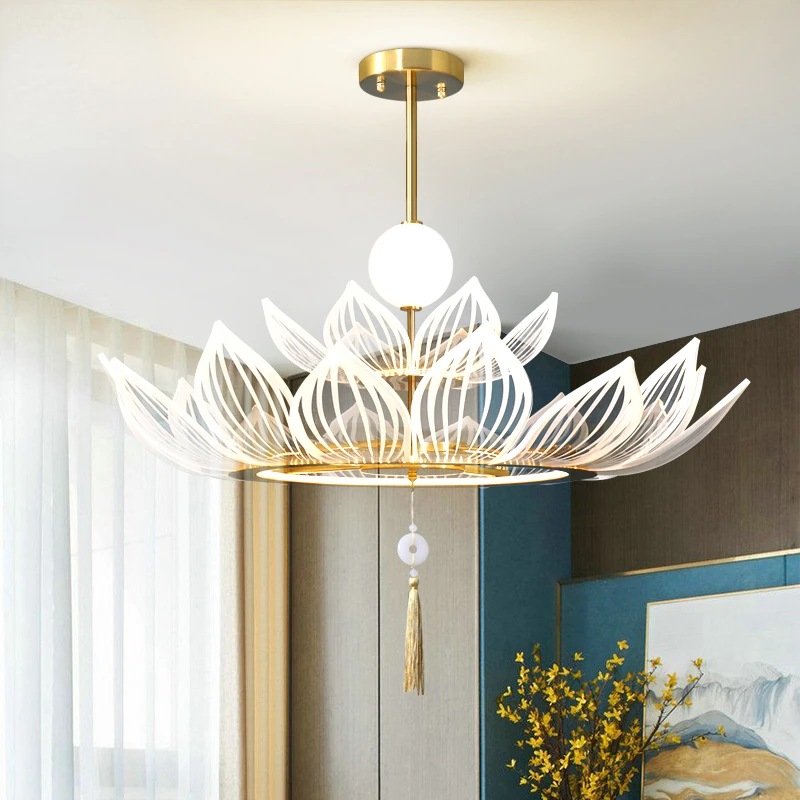 New Chinese-Style Chandelier Lamp in the Living Room Study Buddhist Hall Tea Room Chinese Style Temple Lotus Lotus Ceiling Lamp