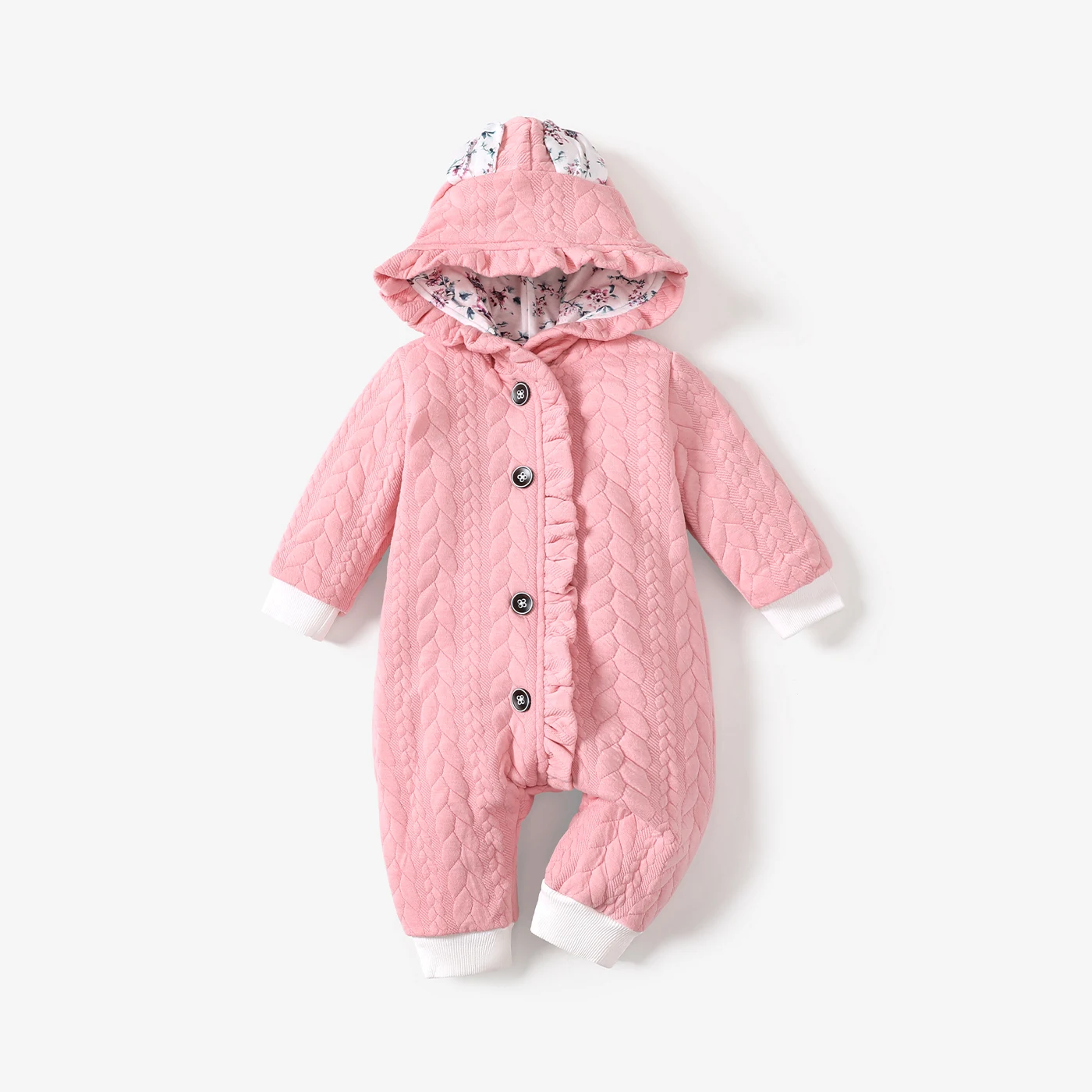 PatPat 3D Ears Hooded Long-sleeve Ruffle Pink Thickened Lined Baby Jumpsuit