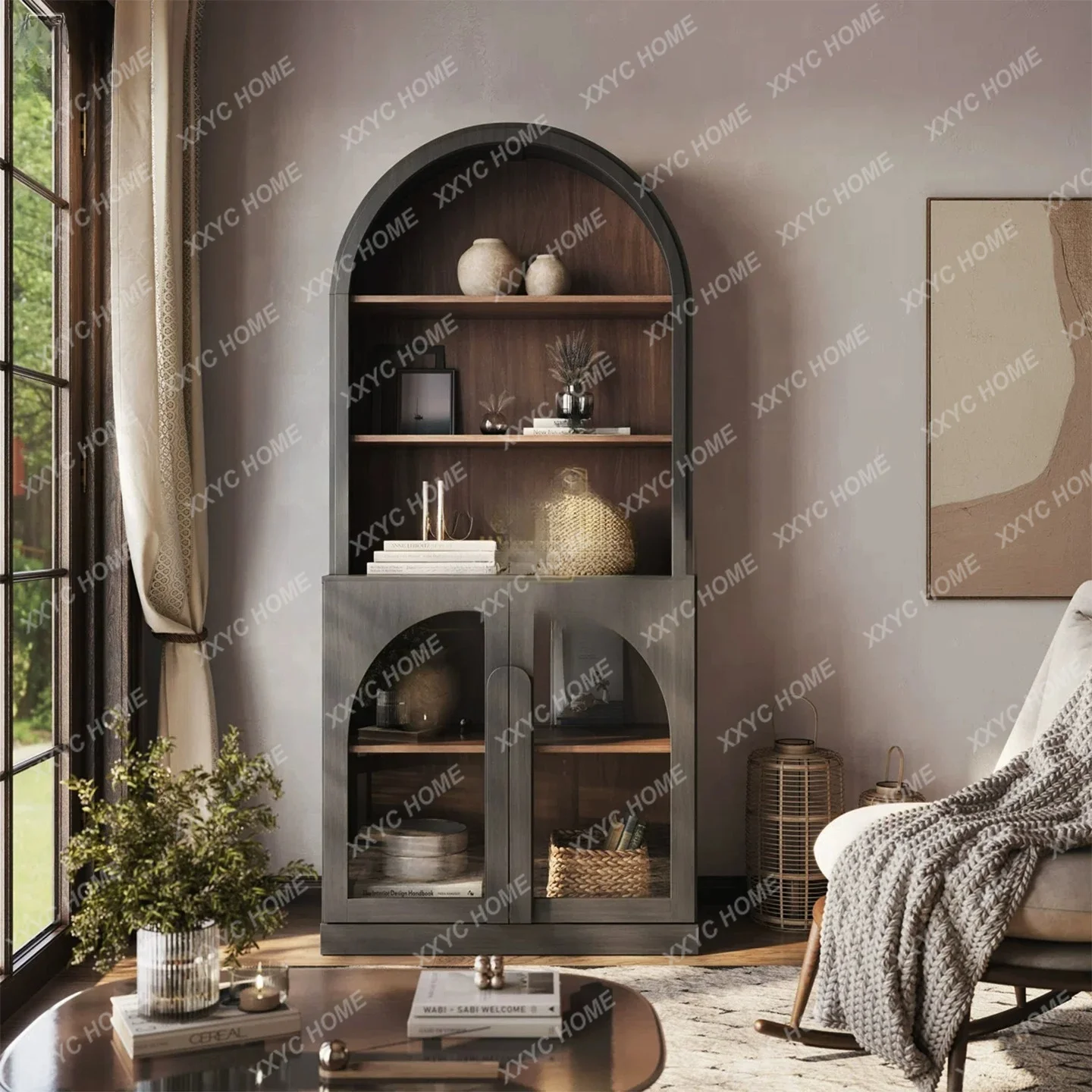 Vintage Arch Bookcase Glass Door Display Cabinet  Living Room Study Storage Cabinet