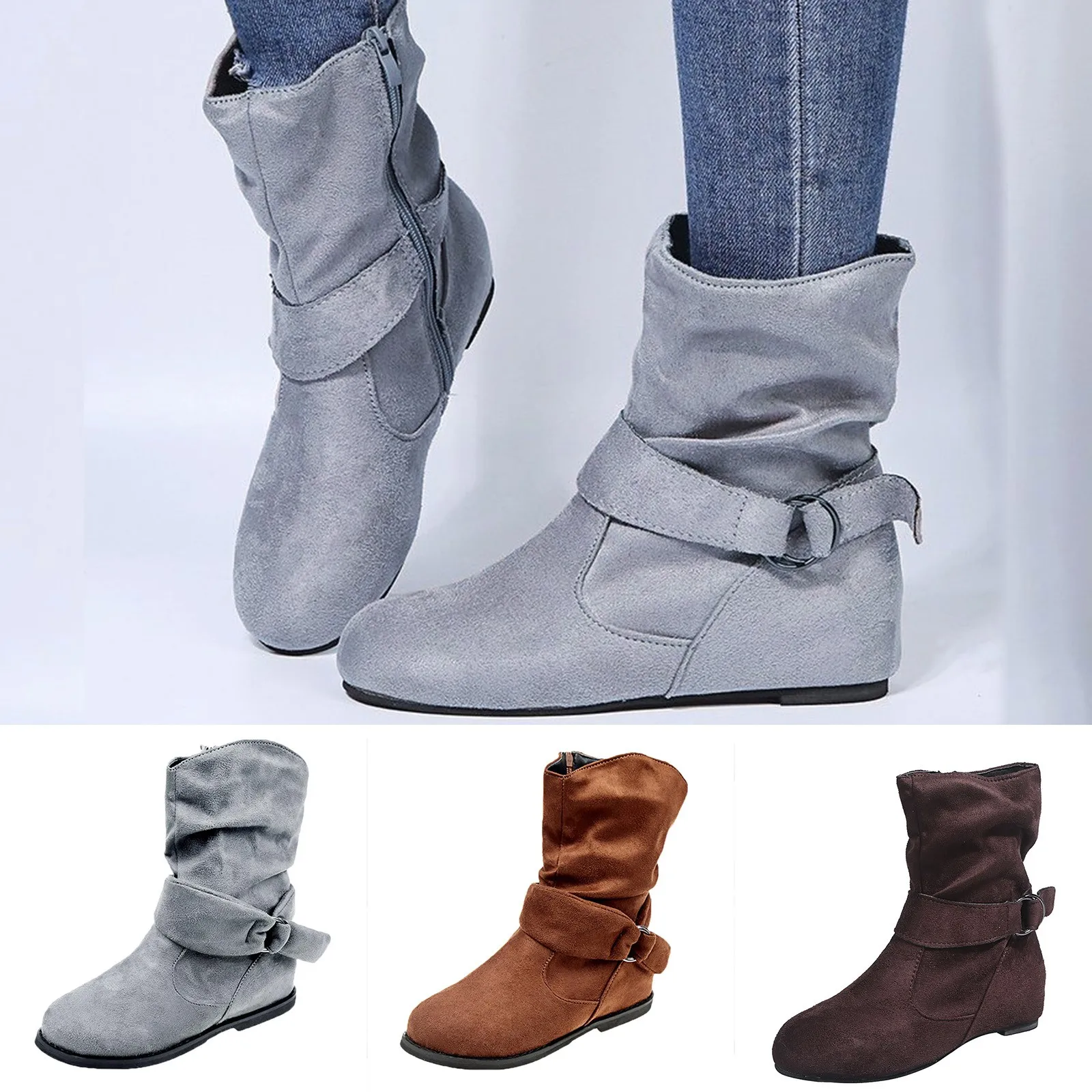 

Chunky Women's Shoes Heels Retro Short Zipper Boots Fashion Breathable High women's boots Womens Wide Boots