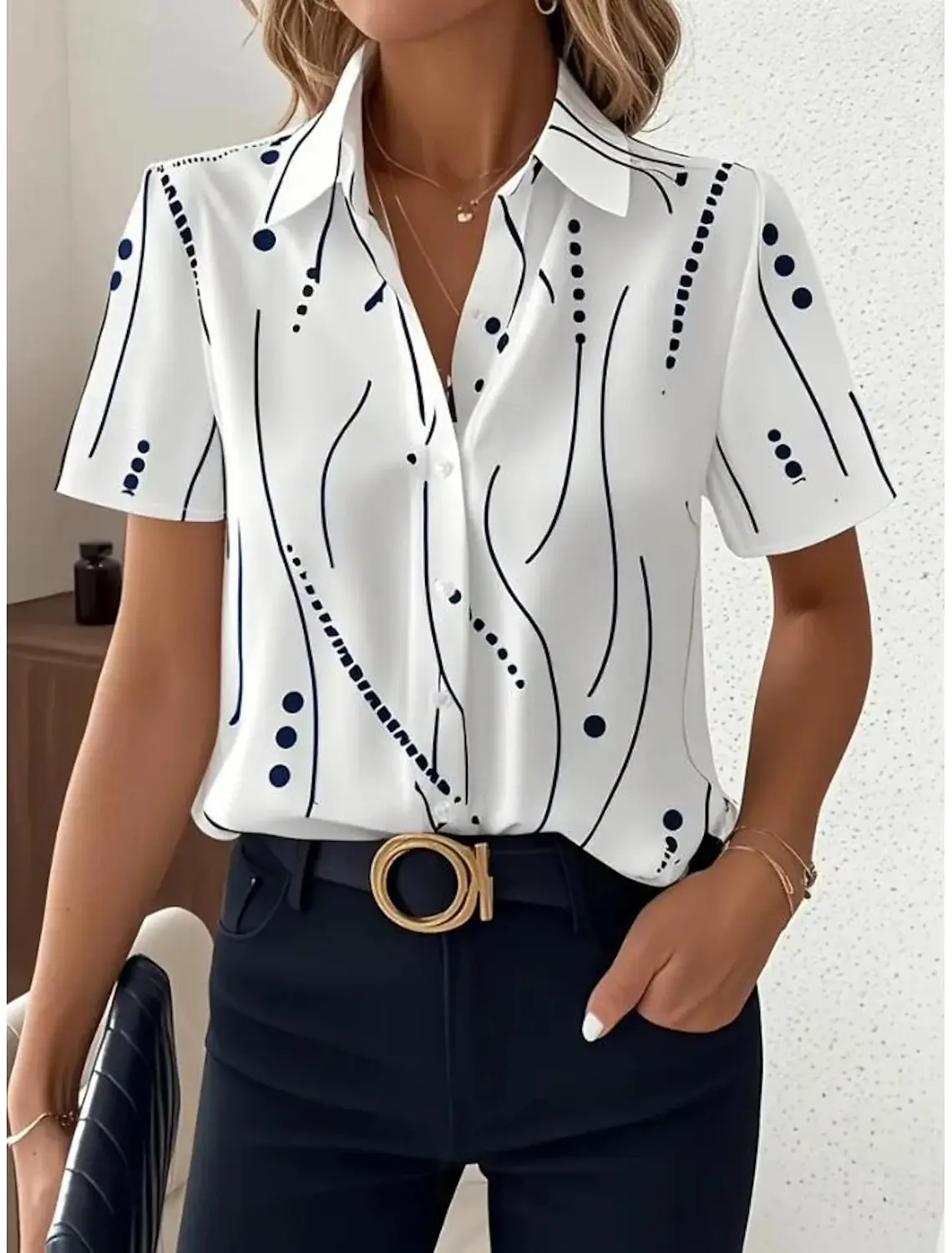 

2026 Summer Women's simple Dot Line Pattern Shirt Lapel Collar Short Sleeve Casual Button Up Shirts for Outfits Women Clothing