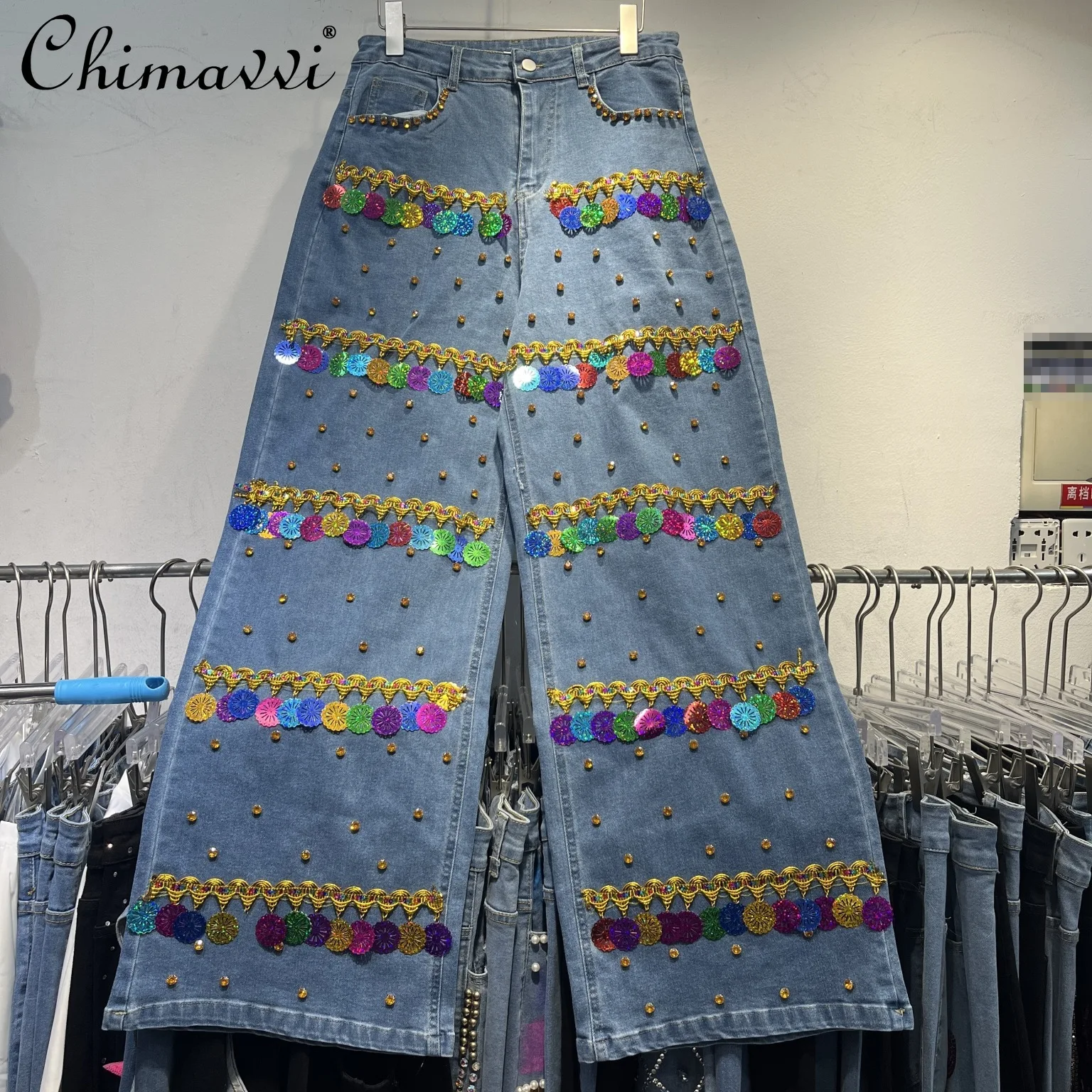 American Retro Spice Girl Design Heavy Color Diamond Large Size Jeans 2025 Summer New Fashion Streetwear Straight Pants