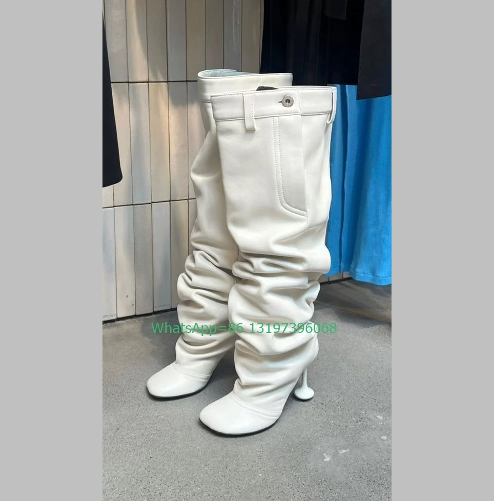 Damskie czarne luźne, buty do kolan dżinsy z motywem białego PU casual sukienka na co dzień buty z kwadratowym noskiem kieszonkowe spodnie 42