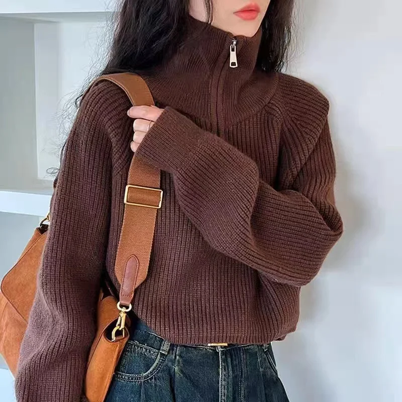 Chunky High Neck Sweater Zip Front Long Sleeve Knitted Pullover Women Cozy Crop Jumper Teen-girl Fall Winter Basic Chic Knitwear