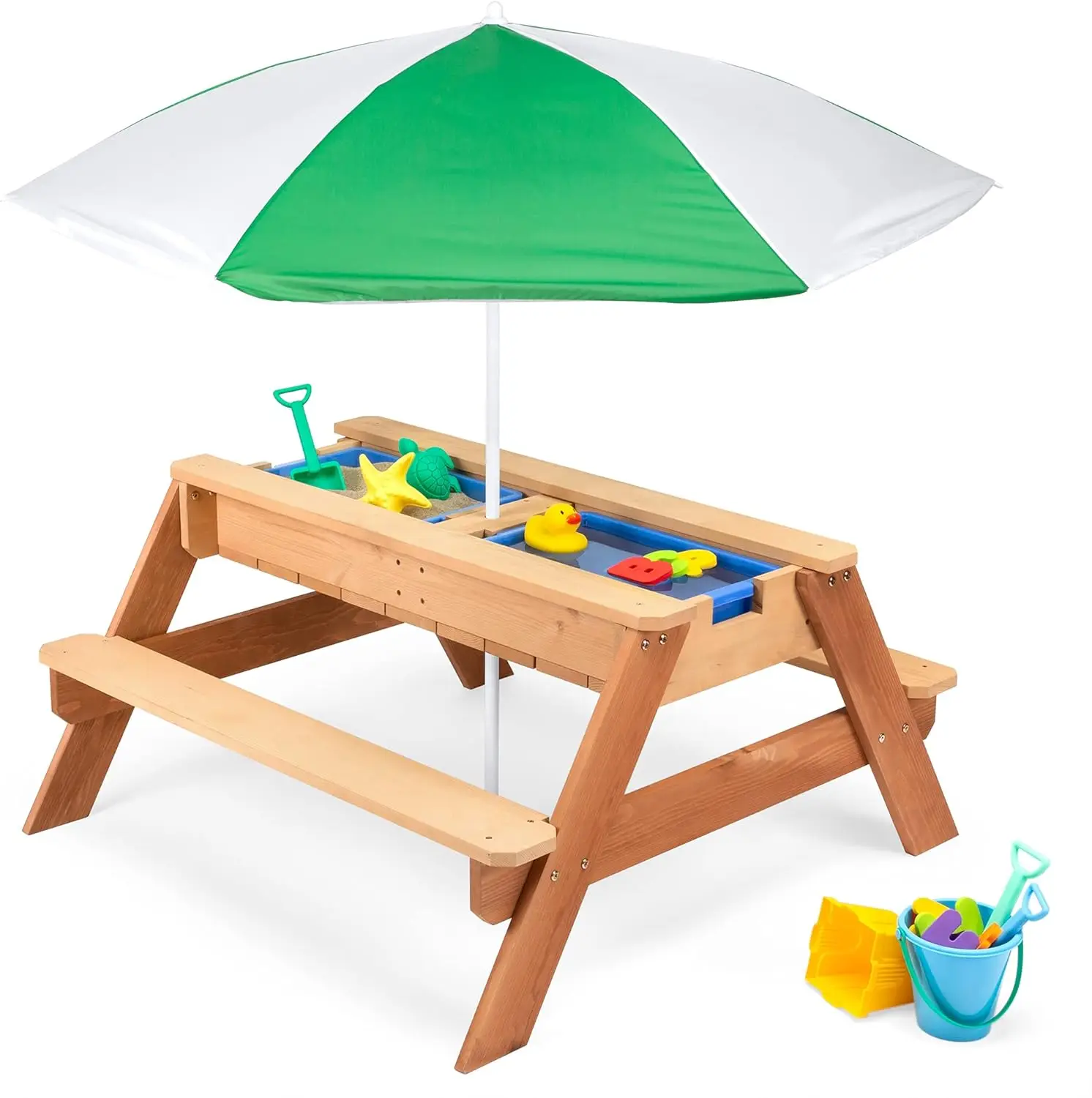 3-in-1 Sand & Water Table, Wood Outdoor Convertible Picnic Table w/Umbrella, 2 Trays, Removable