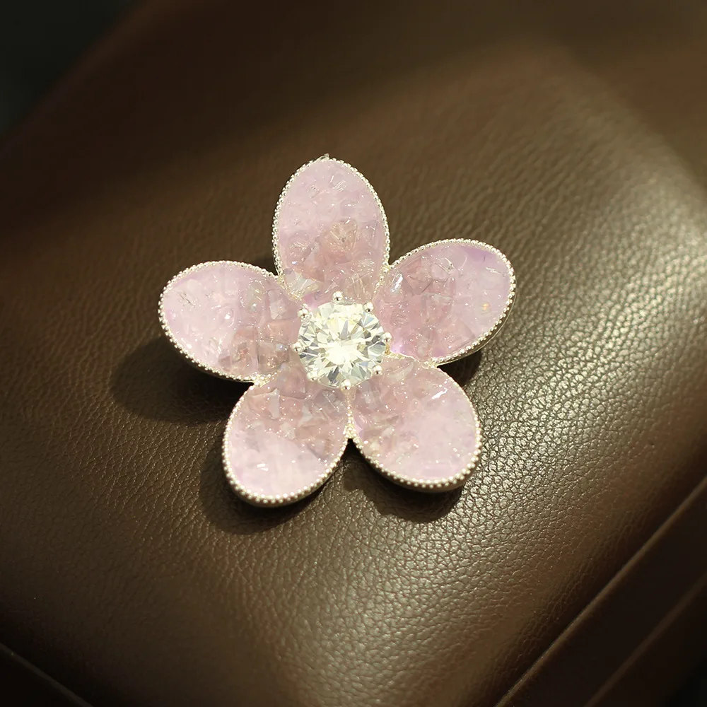 Chinese Style Lucky Translucent Purple Crystal Cherry Blossom 3d Flower Pin Brooch Silver Base Elegant Dress Accessory For Women