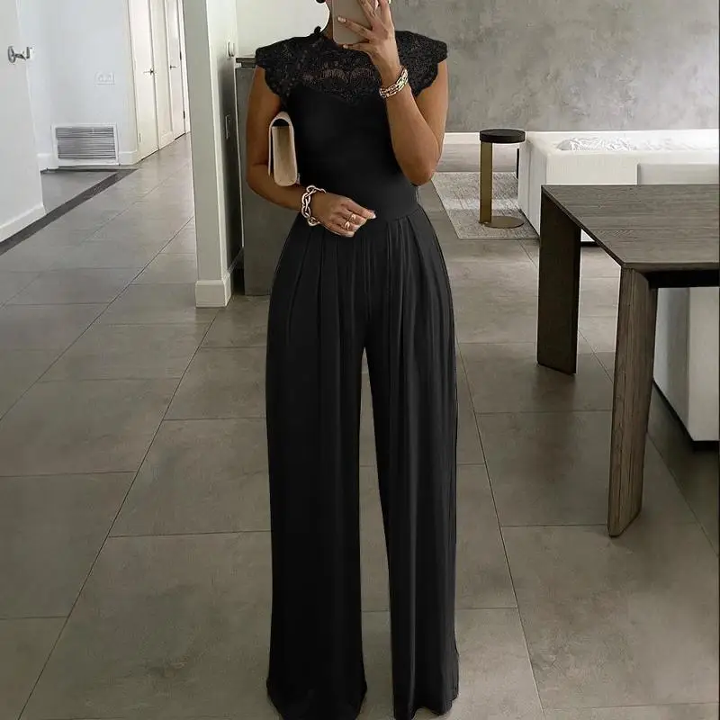 Faionable Tuta casual patchwork con paillettes Svel da donna Pantaloni a gamba larga a vita alta Pantaloni lunghi asimmetrici da strada