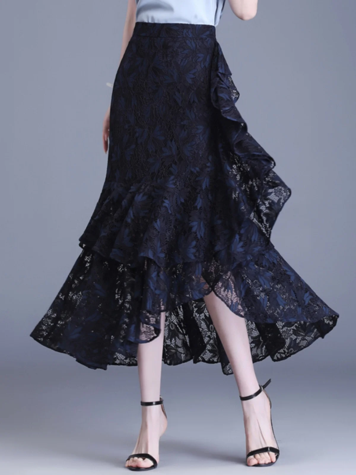 High Waist Lace Wrap Skirt Midi A-Line Gown Women\'s Summer 2026 New Style Slimming Asymmetrical Fish Tail Skirt
