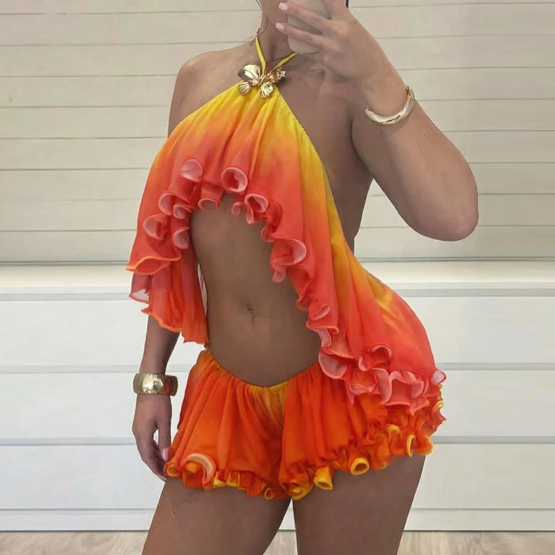 Ruffle Design Slim Backless Women's Outfit Casual Printed Gradient Holiday Suit Fashion Hanging Neck Crop Top & Shorts Beach Set
