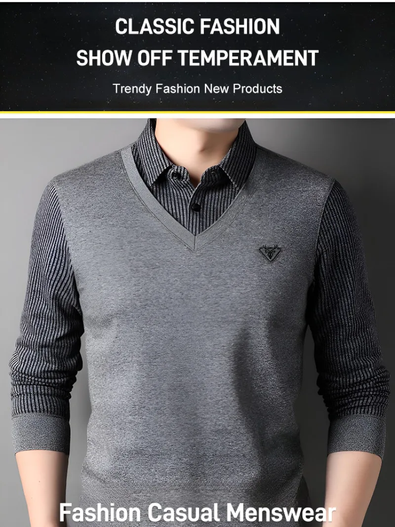 قميص مطرز بأكمام طويلة للرجال ، ملابس تريكة مزيفة من قطعتين ، موضة ، راقية