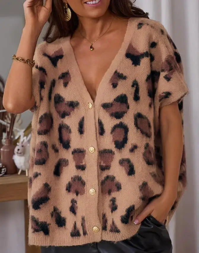 

Women Sweater Autumn Jacquard Leopard Print V Neck Short Sleeve Vest Casual Button Decor Loose Sweater Shipped Within 48 Hours