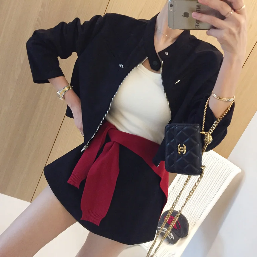 

Retro Suede Biker Jaet Top And Midi Skirt Two Piece Set Women's Faion Chic Versatile Winter Outfit Long Sve Student Un...