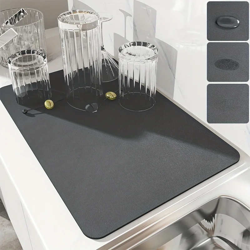 1pc Diatom Mud Dark Gray Dish Drying Mat, Soft Draining Pad, Non-Slip Super Absorbent Wear-resistant Coffee Machine Mat, Pet Mat