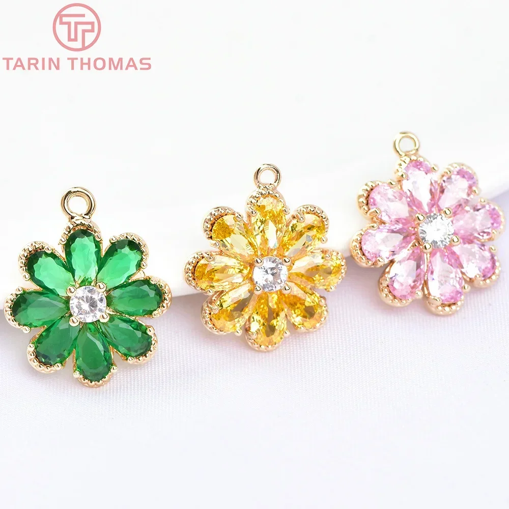 (6035)2PCS 14MM 24K Gold Color Brass with Zircon Flower Shape Charm Pendants for Jewelry Findings Accessories Supplies Wholesale