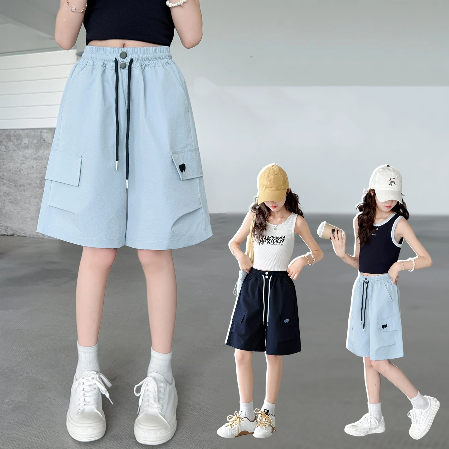 

Girls' thin cargo shorts 2026 summer new teenage kids sports and leisure mid length pants girls' quick drying five-quarter pants