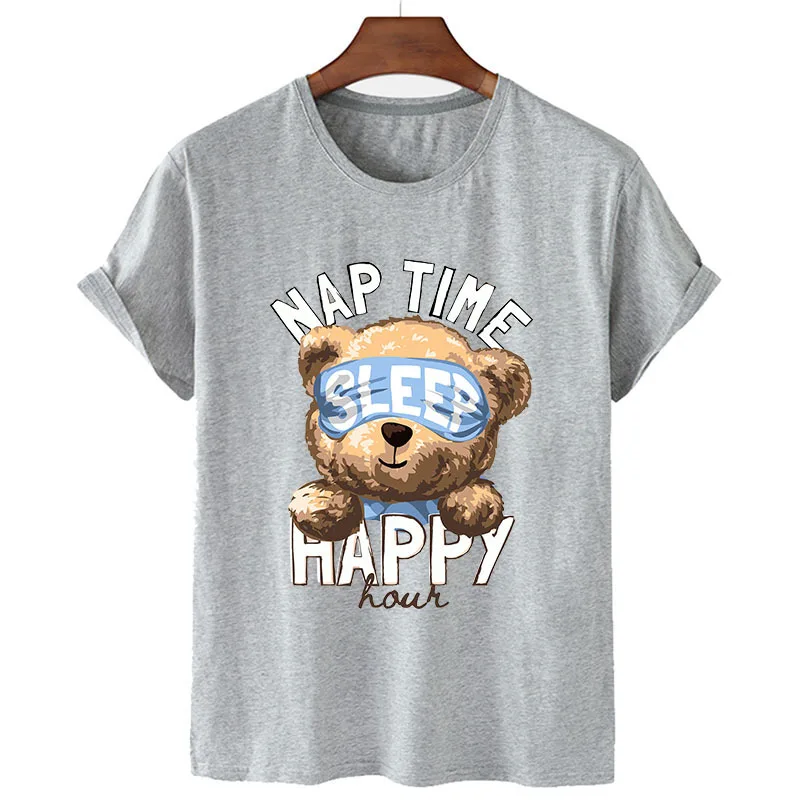 100% Cotton Sleeping Bear Print Shirt Short Sleeve O Neck Loose T-shirt Women's Summer Plus Size T-shirt Men's And Women's S-4XL