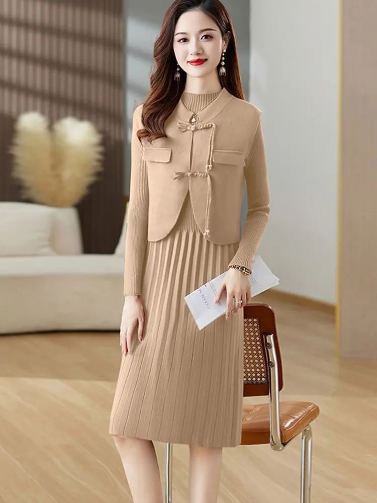 

Fashionable Knitted Sweater Dress Set Women's Two-Piece Autumn Winter New Style Small Fragrance Wind Regular Fit Commute Style