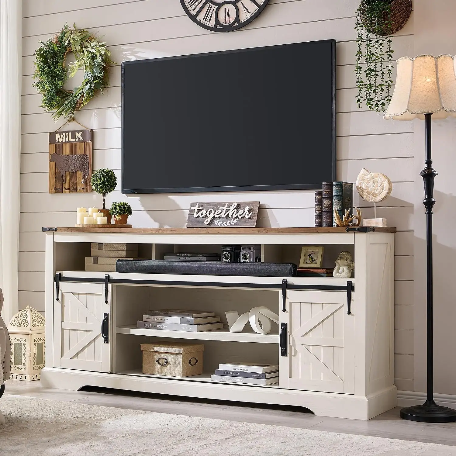 70" Farmhouse TV Stand for TVs up to 80", Antique White | 33" Tall, Rustic Entertainment Center, Sliding Barn Door,, Customized