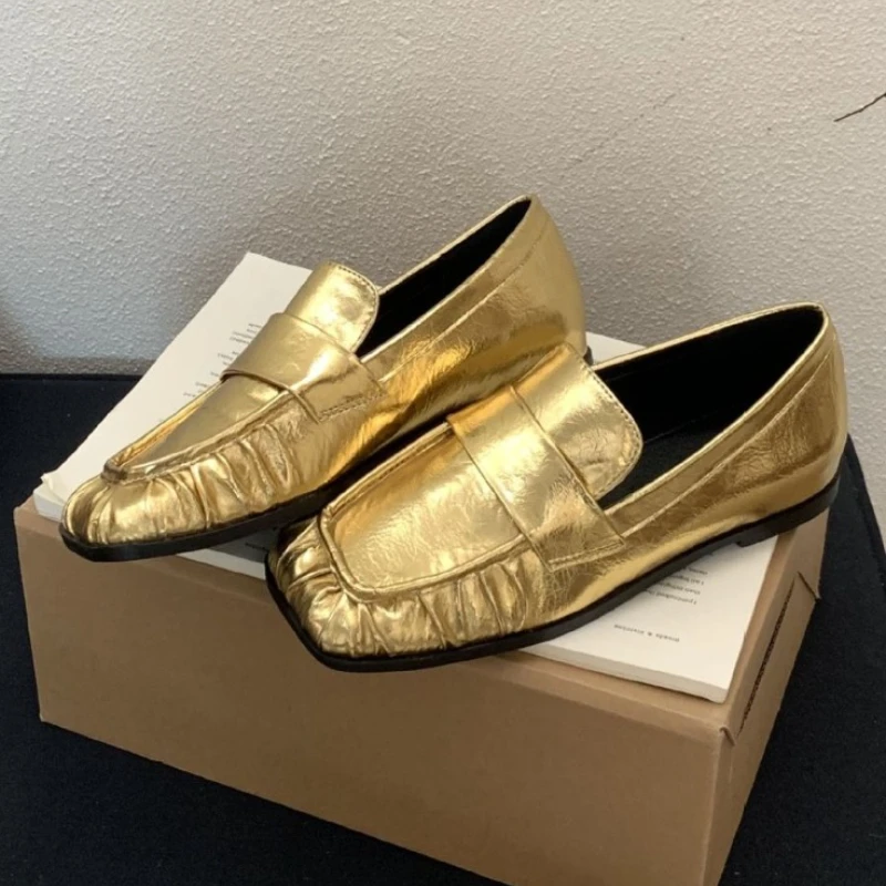 

Gold Pleated Cozy Loafers Women Soft Leather Square Toe Designer Casual Shoes Fashion Shallow Light Mary Jane Shoes for Ladies