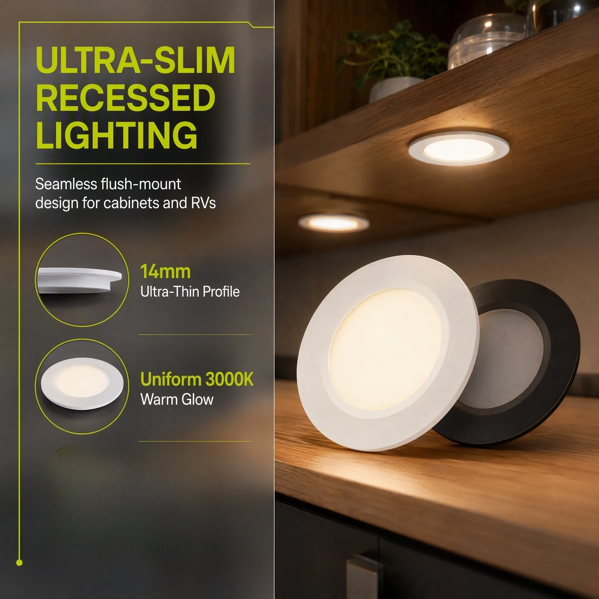 JOYINLED Pack of 1/6/10 White 12V Recessed LED Puck Light, 55mm Cutout D68mm H14mm Ultra-Thin Under Cabinet Light for RV Camper