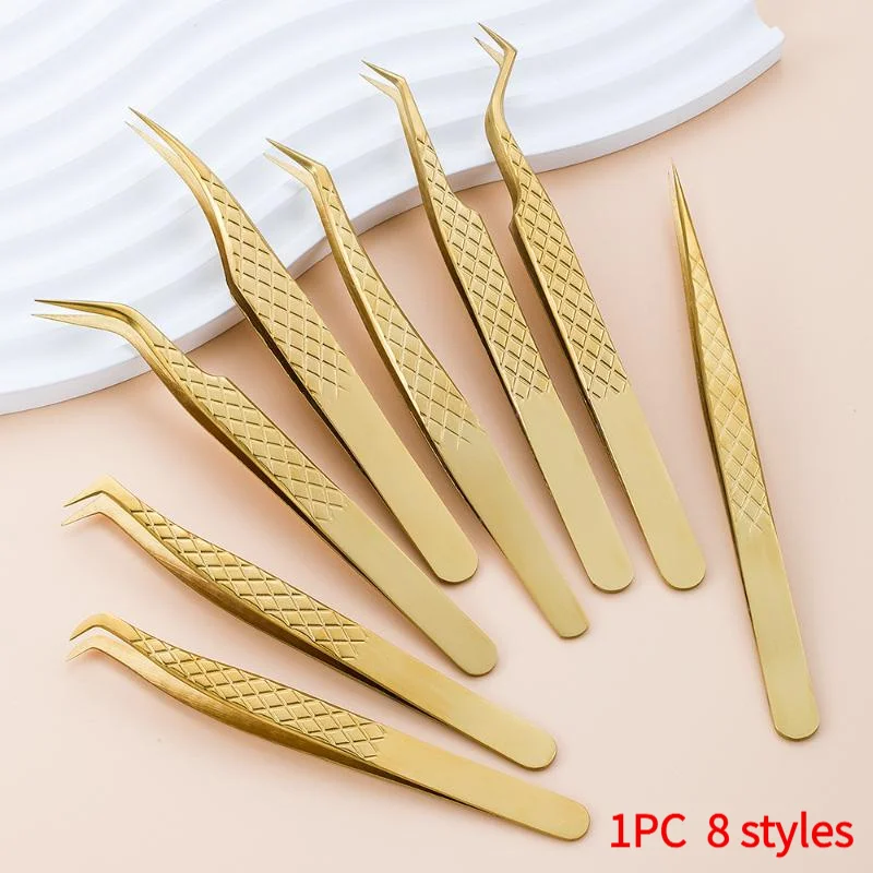 *1Pc Fiber Tip Gold Stainless Steel Lash Pickup Tool Eyelash Extension Tweezers For Volume Fans Classic Lash Isolation