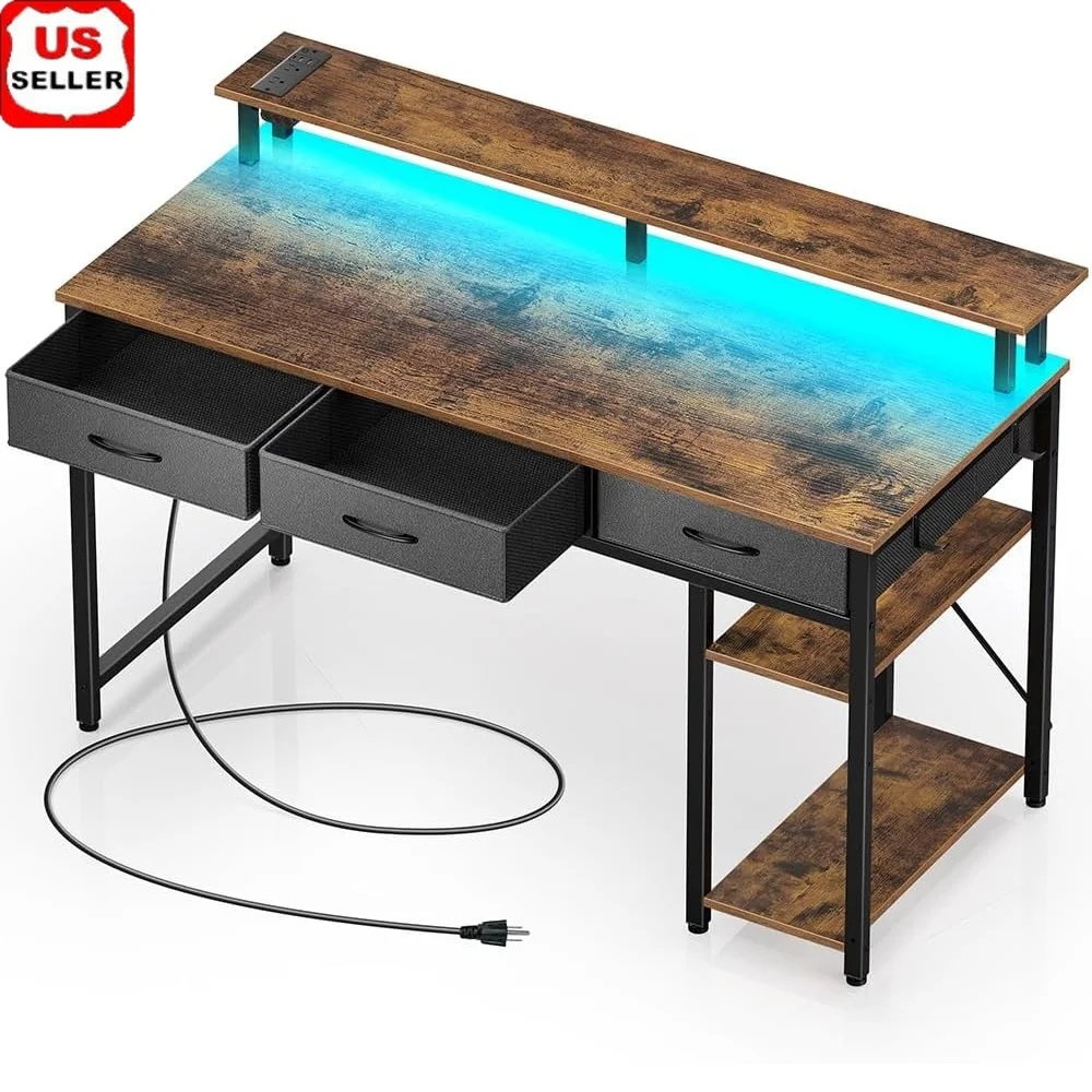 

Computer Desk with LED Light Power Outlets 3 Drawers Storage Shelves Writing Desk Home Office Gaming Desk USB Outlet