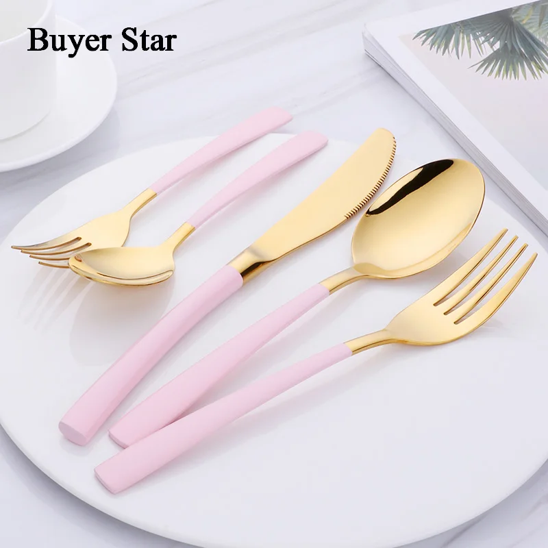 

Buyer Star 20-Piece Silverware Cutlery Set Stainless Steel Flatware Dinner Service For 4 Gold with Pink Handle Knife Fork Spoon