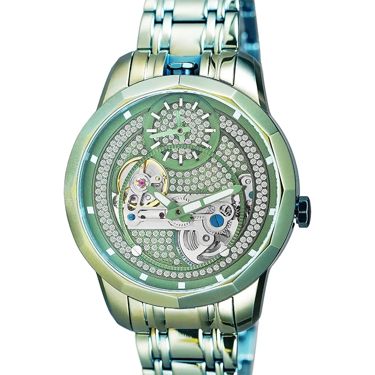 50M Waterproof Green Hollowed Out Automatic Watch Dual Movement Luminous Quartz Watches Stainless Steel Customize Watches