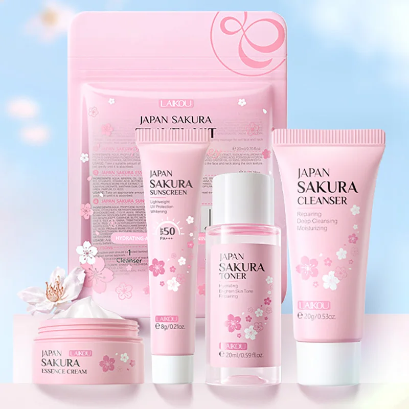 LAIKOU SAKURA Skin Care ชุดทําความสะอาดผิวหน้าครีมเซรั่ม Toner Moisturizing Brightening ต่อต้านริ้วรอย Face Care Kit